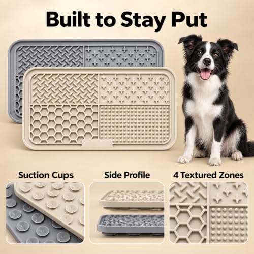 Dog Lick Mat for Dogs & Cats, 2 Pack Silicone Lick Pad with Strong Suction Cups, Slow Feeder Mat for Bathing, Grooming, Anxiety Relief, Peanut Butter, Wet Food & Treats - color: Gray+Cyan