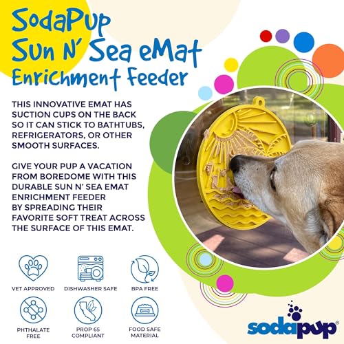 SodaPup Sun N Sea eMat – Durable Enrichment Feeder with Suction Cups Made in USA from Non-Toxic, Pet-Safe, Food Safe Rubber for Mental Stimulation, Avoiding Overfeeding, Calming, & More - color: Sun N Sea eMat Yellow