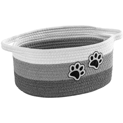 Small Woven Cotton Rope Nursery Organizer Bins, Dog Toy Basket Bins with Handle, Cute Empty Pet Gift Storage Baskets with Paw - color: White-Grey