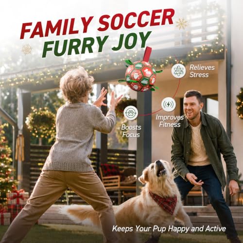 QDAN Christmas Dog Toys: Soccer Ball with Straps for Outdoor Play, Tug of War, Puppy Gifts - Durable 8-Inch Balls for Medium Large Dogs - color: Christmas 1, size: Large Size 3 (8 Inch)