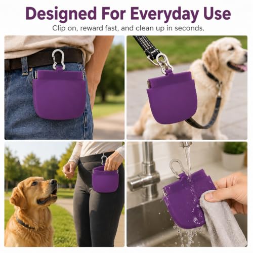 Silicone Dog Treat Pouch for Pet Training One-Hand Access One Cup Silicone Treat Bag with Pull Tab and Auto Closing Lid Treat Pouches for Leash(Color: Purple) - color: Purple