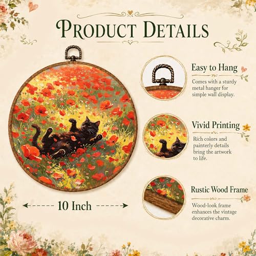 NQDWX Black Cat Wall Art, Poppy Flowers Black Cat Painting Framed Wall Art, Hanging Canvas Prints Farmhouse Bedroom Bathroom Living Room Decor, Cat Lover Gift 10x10 Inch (016) - color: Cat E