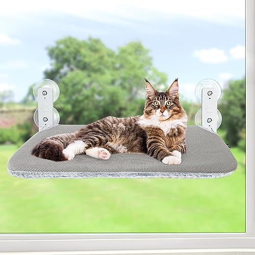 Sunhoo Cat Window Hammock Perch Cordless Perches Window Sill Seat Bed Foldable Stable Lounger Upgraded Suction Cup Easy Assembly Indoor Cats Kitty Shelf Hold Up to 55lbs (Light Gray, M) - color: light gray, size: M