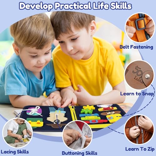 Qizfun Toddler Busy Board Montessori Toys – Sensory Busy Book, Educational Learning Travel Toy for Airplane & Car, Keeps Toddlers Entertained, Birthday Gifts for Toddler Boys Girls (Blue/P8) - style: Blue Dino/P8