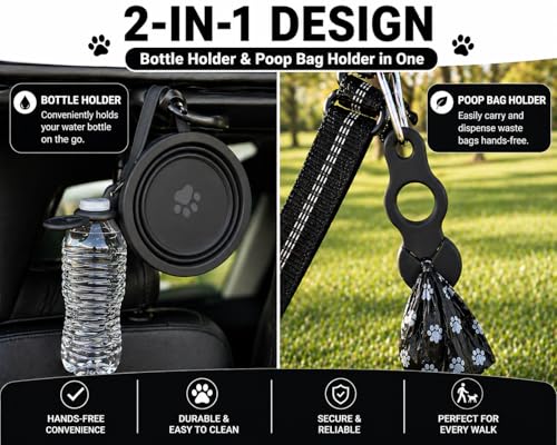 Black Collapsible Travel Dog & Cat Bowl – BPA-Free Silicone & 18/8 Stainless Steel, Portable Non-Slip Food & Water Bowl with Handle, Bottle/Poop Bag Holder – Claim Your - color: Black Bowl