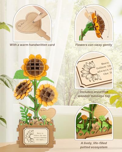 3D Puzzles for Adults, Sunflower DIY Wooden Flowers Building Kit - style: Sunflower