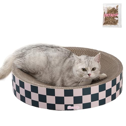 CSR1010C Nelson 20.13" Modern Cardboard Round Bowl Cat Scratcher with Catnip, Peony - color: Dark Teal/Light Pink