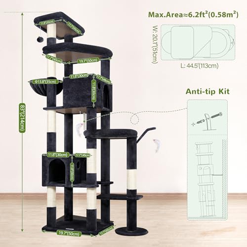 Globlazer 83 Inch Cat Tree Tower for Large Cats, Big Cat Tree for Multi-Cat Household with 2 Condos, 7 Sisal Posts, 2 Perches and Hammock, Sturdy Tall Kitten Activity Center, S83, Dark Gray - color: Dark Gray, size: 83 Inch
