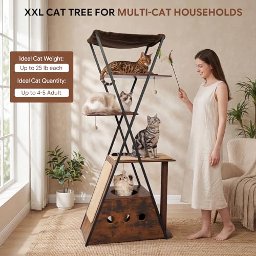 71" Modern Wood Cat Tree for Large Cats - Heavy Duty Tall Cat Tower for Indoor Cats, Multi-Level Cat Furniture with Spacious Condo, Large Perch, Scratching Posts & Hammock (Brown) - color: brown