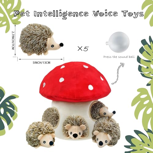 Hide and Seek Dog Toys, Mushroom Crinkle Paper Hideaway with 5 Pack Squeaky Hedgehogs Interactive Plush Puzzle Puppy Chew Toy to Keep Them Busy for Small Medium Large Dogs - color: Mushroom Hideout with 5 Hedgehog Brown