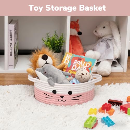 Small Woven Rope Cat Toy Basket with Cat Face Design, White Pink - color: White & Pink, size: 9.8"W x 4"H