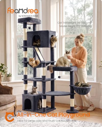 Feandrea Large Cat Tree, 74.1" Tall Sturdy Cat Tower for Indoor, Dark Gray - color: Dark Gray, size: 41.3"L x 17.7"W x 74.1"H