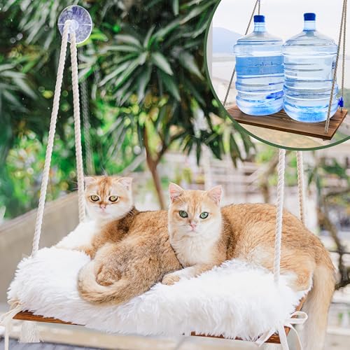 Large Cat Window Perch with Industrial-Grade Suction Cups - Solid Pine Wood Hammock Bed, Soft Cushion - 42 lb Capacity for Heavy Cats Inside - color: Brown/White, size: X-Large