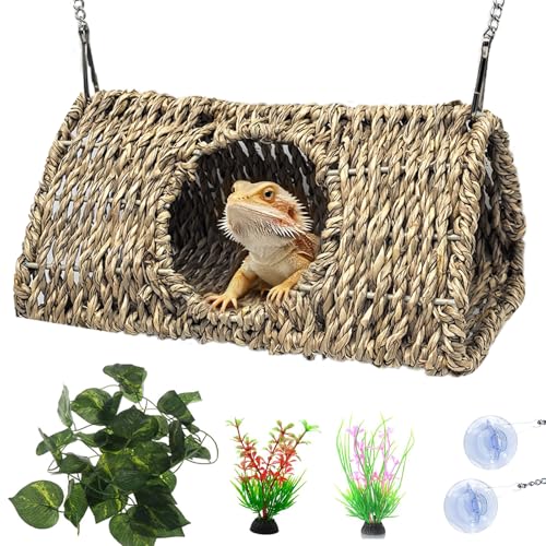 Hanging Reptile Hide Cave,Natural Seagrass Fiber Bearded Dragon Hammock Hideout,Reptile Shelter Sleeping Cave Swing Climbing Toys Terrarium Decor for Lizard Gecko Hermit Crabs(Triangle S) - size: Triangle S:7.87*3.94*3.94"