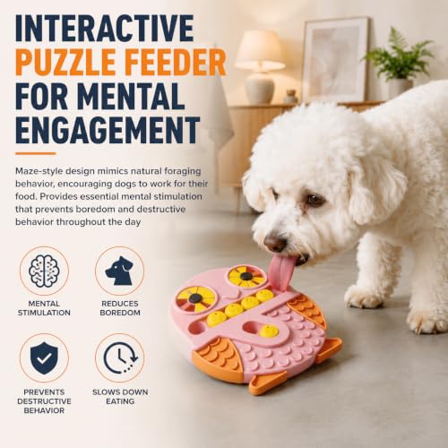 Slow Feeder Dog Bowl and Lick Mat, Owl Puzzle, 9.45 x 12 in - color: pink