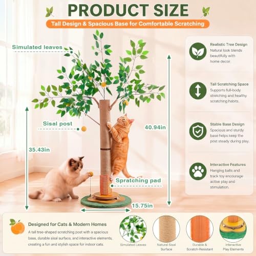 Nuanchu Orange 41in Cat Scratching Post Tree for Indoor Cats Adults - size: 41in, style: Orange