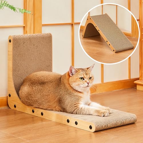 Value 2-Pack 23.6 Inch L-Shaped Cardboard Cat Scratcher, Dual Use (Vert/Horiz) Scratch Pad with Toy Balls, Wall-Mountable Furniture Protector Cat Scratchers for Indoor Cats - size: 23.6 Inch 2- Pack