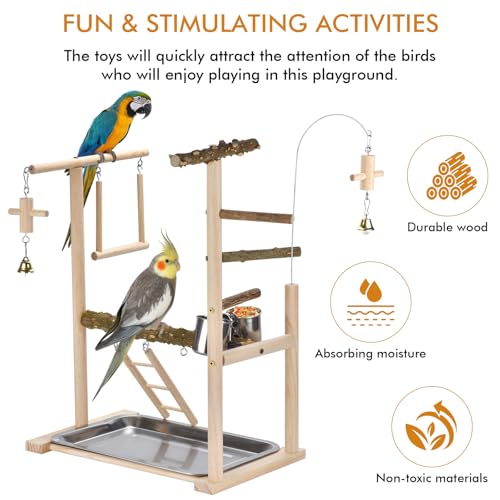 Natural Wood Parrot Playground Perch Stand with Feeder Cups, Tray, Ladder, Swing & Bells, Play Gym for Top of Cage, Cage Accessories for Lovebirds, Cockatiels, Parakeets