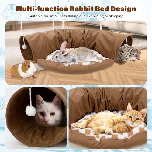 BWOGUE Bunny Tunnel Bed, Collapsible Rabbit Tunnel Hideout with Mat, Coffee - color: Coffee