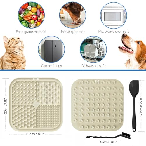2 PCS Licking Mat for Dogs & Cats with Suction Cups, Dog Slow Feeder Lick Pat for Anxiety Relief, Dog Toys Feeding Mat for Butter Yogurt Peanut, Pets Bathing Grooming Training Mat (7.9''*7.9'') - color: Grey&Beige Square