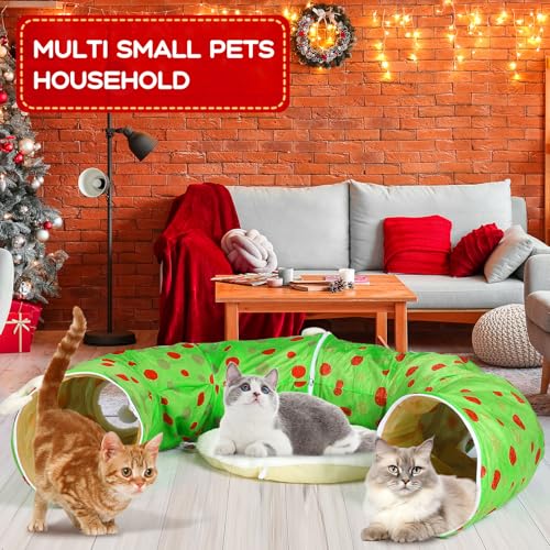 Hollowfly Christmas Cat Bed Tunnel 3ft x 3ft x 9.8in Lime Green Under Tree Cat Donut Tunnels for Indoor Kitten Plush Polka Dot Peekaboo Cave Toy Collapsible 3 Way Xmas Gifts for Small Kitty - style: Polk Dot
