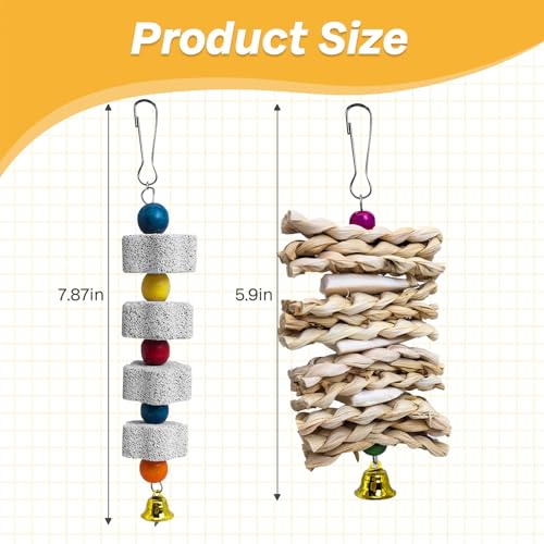 PINVNBY 2 Pack Parrot Toys Chewing Bird Toy Cuttlebone Beak Grinding Stone Cage Hanging Toys with Bell for African Greys Amazon Conure Eclectus Budgies Parakeet Cockatiel Hamster Chinchilla