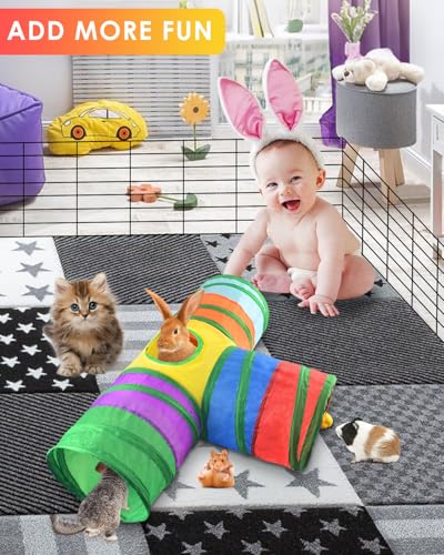 Bissap Collapsible Rabbit Tunnel, 3‑Way Hideout Toy for Small Pets - color: Rainbow, size: Large