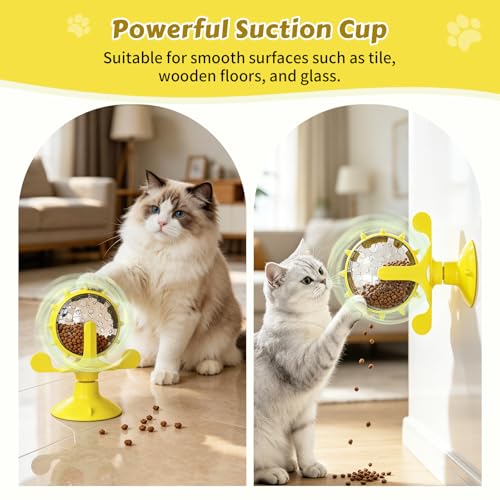 Cat Food Treat Dispenser Toy Interactive with 360°Rotating Windmill Suction Cup for Indoor Cats, Kittens & Small Dogs Slow Feeder Snack Exercise & Distribution Wheel Toy - color: Yellow- Pinwheel, size: Pinwheel