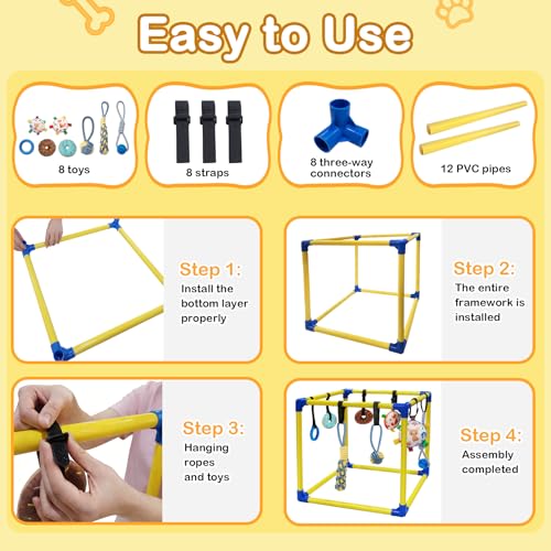 Puppy Play Gym with 8 Hanging Toys, Indoor Activity Gym for Small Dog with Enrichment Interactive Toy Adjustable PVC Frame Training Activity Center Puppies Entertainment, Teething (Yellow)