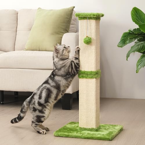 Fansafurn Tall Cat Scratching Post, 32'' Heavy Duty and Thick Scratching Post, Scratching Post for Adult Cats, Thick Sisal Rope with Hanging Ball, Green - color: Green, size: 32''