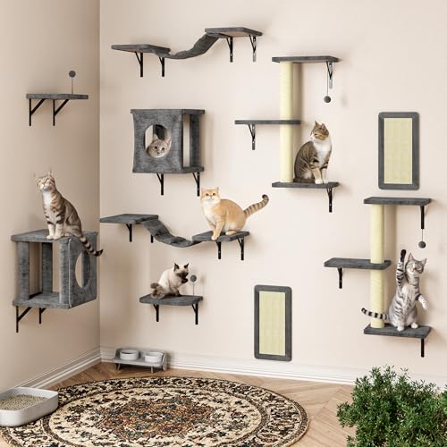 10 Pcs Cat Wall Shelves for Large Cats, Floating Climber with Scratcher - color: Grey, size: 10Pcs