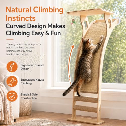 Cat Window Perch with Scratcher Ramp, 48-Inch Tall Wooden Climbing Tree - size: Medium