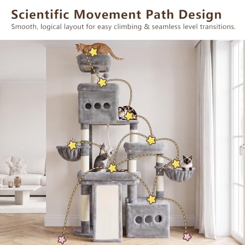 Heybly Cat Tree 72.4-Inch Anti-Tip Cat Tower with Spacious Perches HCT060W - color: Light Gray