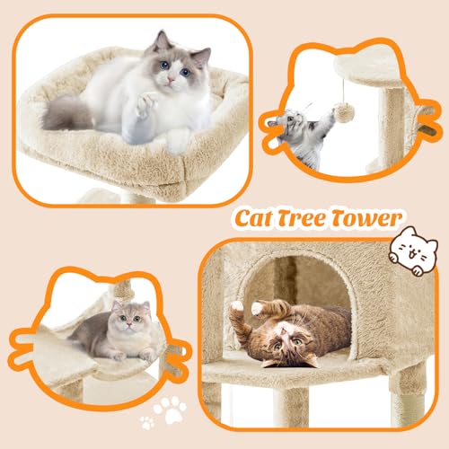DUMOS Small 44 in Cat Tree Tower with Natural Sisal Scratching Posts - color: Beige, size: 43.6Inch