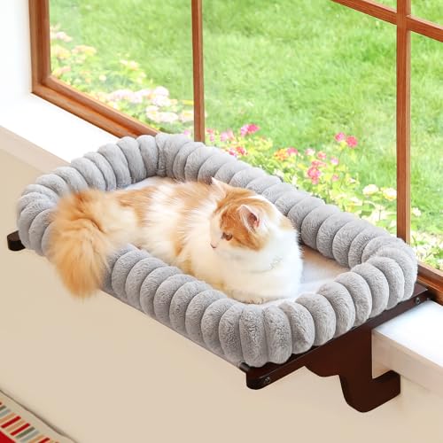 Zakkart SnugCloud Cat Perch for Windowsill (Dark Stained Wood/Gray, M) - color: Dark Stained Wood w/ Gray Bed, size: Medium (22"x15")