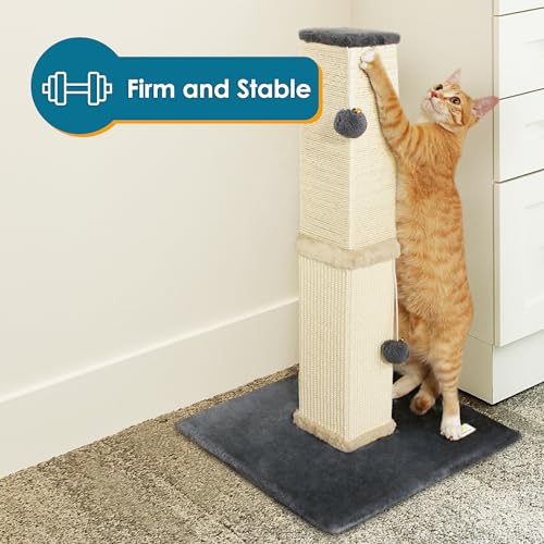 Pawbee 32" Cat Scratching Post Tower with Jingle Bells and Plush Balls, Sisal Tower with Larger Base for Better Stability, Beige - color: Beige