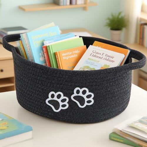 Small Woven Cotton Rope Nursery Organizer Bins, Dog Toy Basket Bins with Handle, Cute Empty Pet Gift Storage Baskets with Paw - color: Black