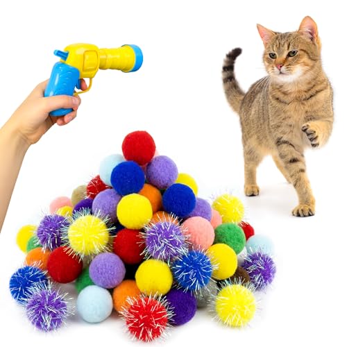 50 Count 1.2 Inches Pom Pom Balls with Cat Ball Launcher, Interactive Cat Toy for Indoor Kittens, 25 Pcs Sparkle and 25 Pcs Simple Pompoms are Included for Exercise, Training & Boredom Relief - size: 3cm With Ball Loumcher