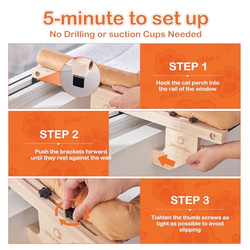 Cat Window Perch + Bonus Toy by Petronaut – Solid Wood, Durable & Easy-Clean, Comfortable Orthopedic Hammock, No Drilling, No Suction Cups, Holds 40 lbs – Window Seat for Large Cats, 21.7"x15"