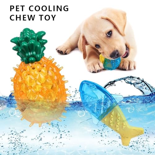 HomeSoGood 3Pcs Dog Cooling Chew Toys,Cooling Teething Toy for Puppies,Summer Interactive Squeaky Toys,Small and Medium Pet Treat Training Tools,Watermelon Pineapple Fruits Shape Teething Toys