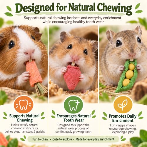 HERCOCCI 15Pcs Guinea Pig Chew Toys, Hamster Toys Prevent Excessive Teeth Growth Natural Vegetables Carrot & Timothy Grass for Guinea Pig Rabbit Chinchillas Gerbil