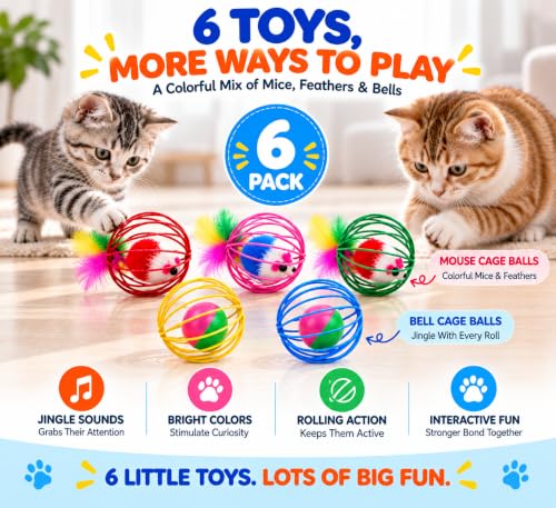 Cat Toys 6 Pack for Indoor Cats & Kittens, Metal Cage Balls with Mice & Bells, Colorful Jingle Bell Ball Toys, Interactive Mouse Toys for Swatting, Chasing & Pouncing