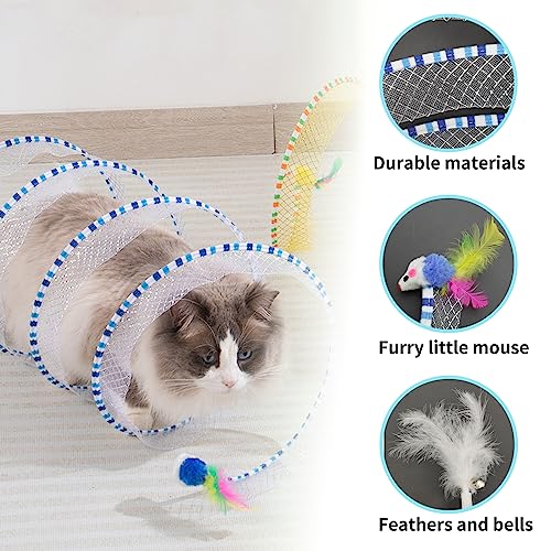 Andiker Cat Tunnel Toy, 10 inch Collapsible Metal Cat Spring Toy with Nylon Mesh, Feather, Mouse, and Bell, Interactive Cat Toys for Indoor Cats to Scratch, Puzzle, Relax and Kill Time (Blue) - color: Blue