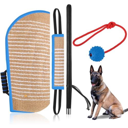 Leyndo 4 Pcs Dog Training Sleeve Set with Tug Pillow Stick Ball, Blue - color: as shown on the picture