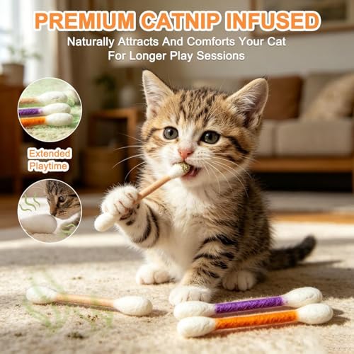 LEDeng Cotton Swabs Cat with Catnip, Swabs Catnip Toys Set of 6 Soft Plush Kicker Toys, Sturdy Teething Chew Toy (A) - color: A