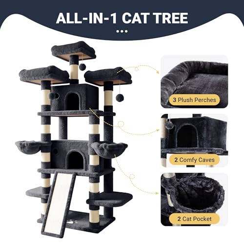Allewie 82 Inches Large Cat Tree/House/XXL Tall Cat Towers for Big Feline/Scratching Post/Multi-Level Large Kitty Climbing Tree with Condo/Smokey Grey - color: Smoky Grey, size: 82 in