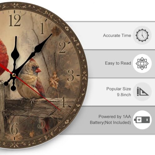 Two Cardinals Perched on Wooden Fence with Berries Round Wooden Wall Clock - color: Color12577, size: 9.8x9.8in