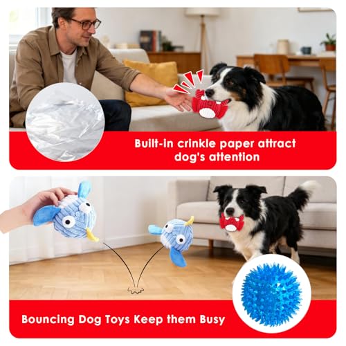 Squeak Dog Toys for Aggressive Chewers, No Stuffing Squeak Dog Chew Toys for Aggressive Chewers, Interactive Dog Toy Ball with Crinkle Paper for Medium Dogs, Large & Small Breeds (F-Whale+Fish) - color: F-Whale+Fish