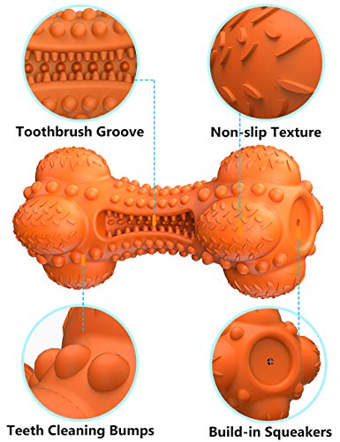 SCHITEC Squeaky Dog Chew Toy, Tough Durable Natural Rubber Bone with Toothbrush, Indestructible for Aggressive Chewers Large Medium Breed Teeth Cleaning - color: Orange