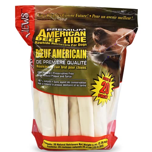 Canine Chews 10-11" Rawhide Bones for Large Dogs, Durable USA Beefhide Dog Rawhide Chews, Retriever Rolls 20 Pack (5 lbs) - size: 20 Count (Pack of 1)
